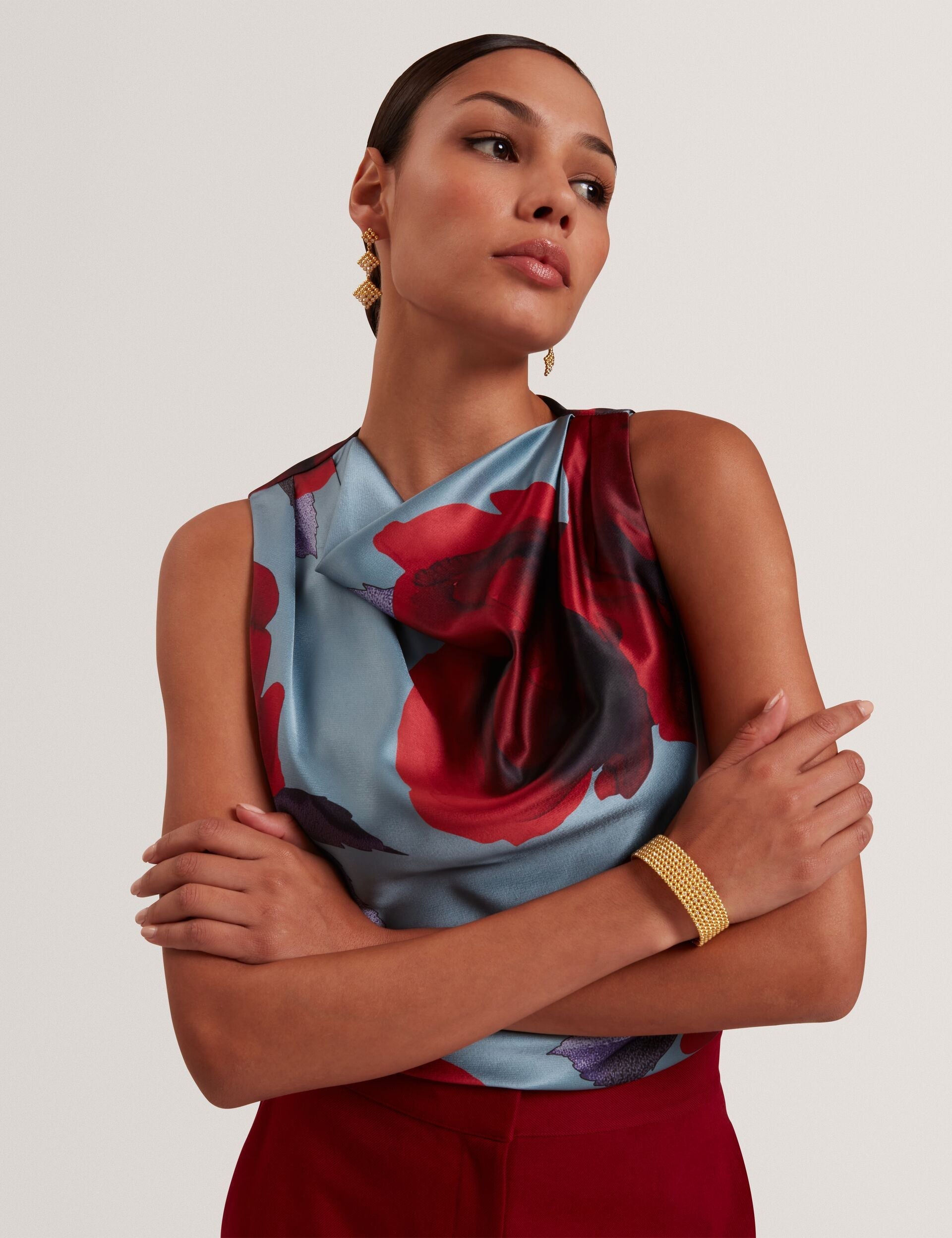 Ted Baker Harplyn Rose Print Drape Satin Sleeveless Top Women's