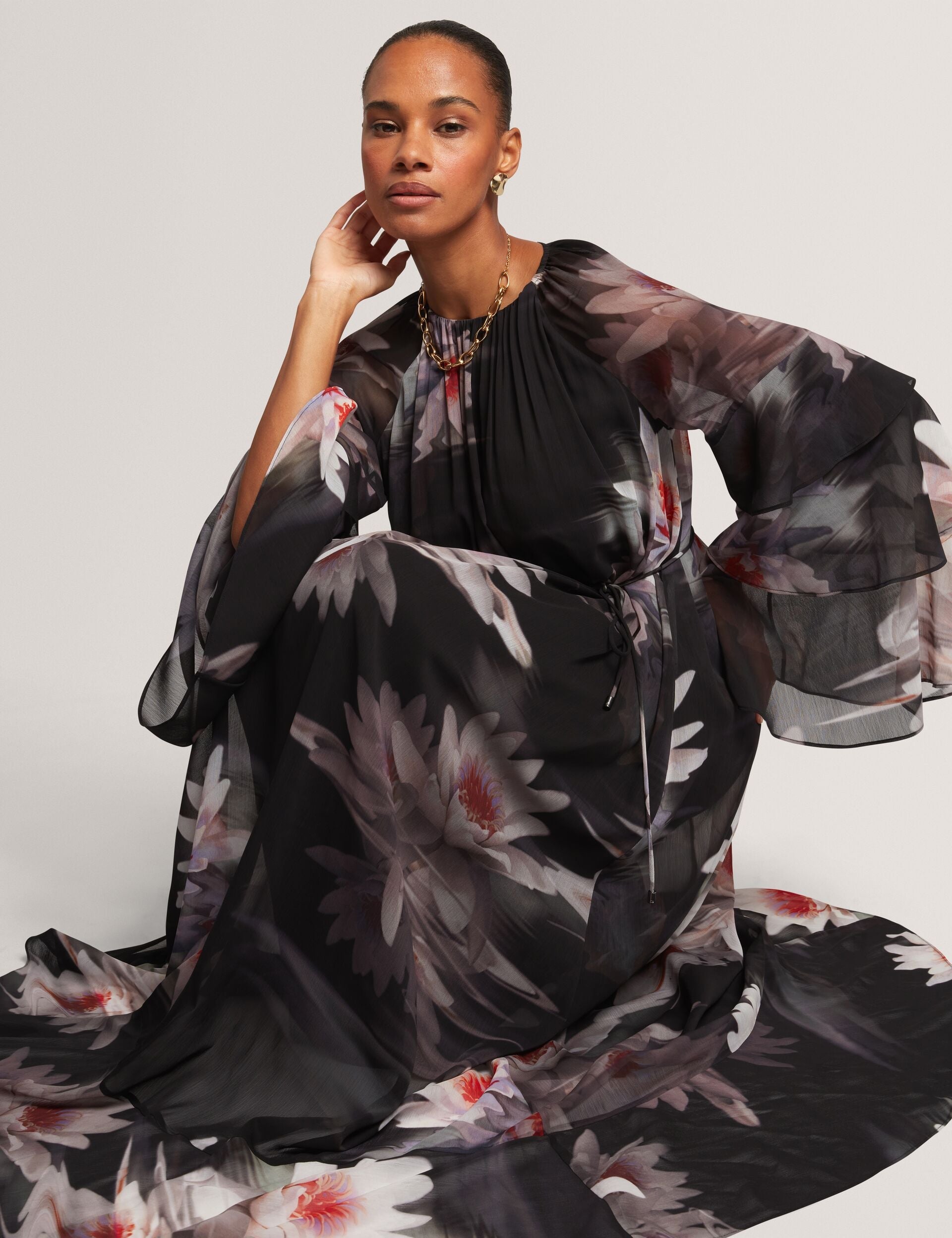 Ted Baker Moliia Lily Print Frilled Long Sleeve Maxi Dress Women's