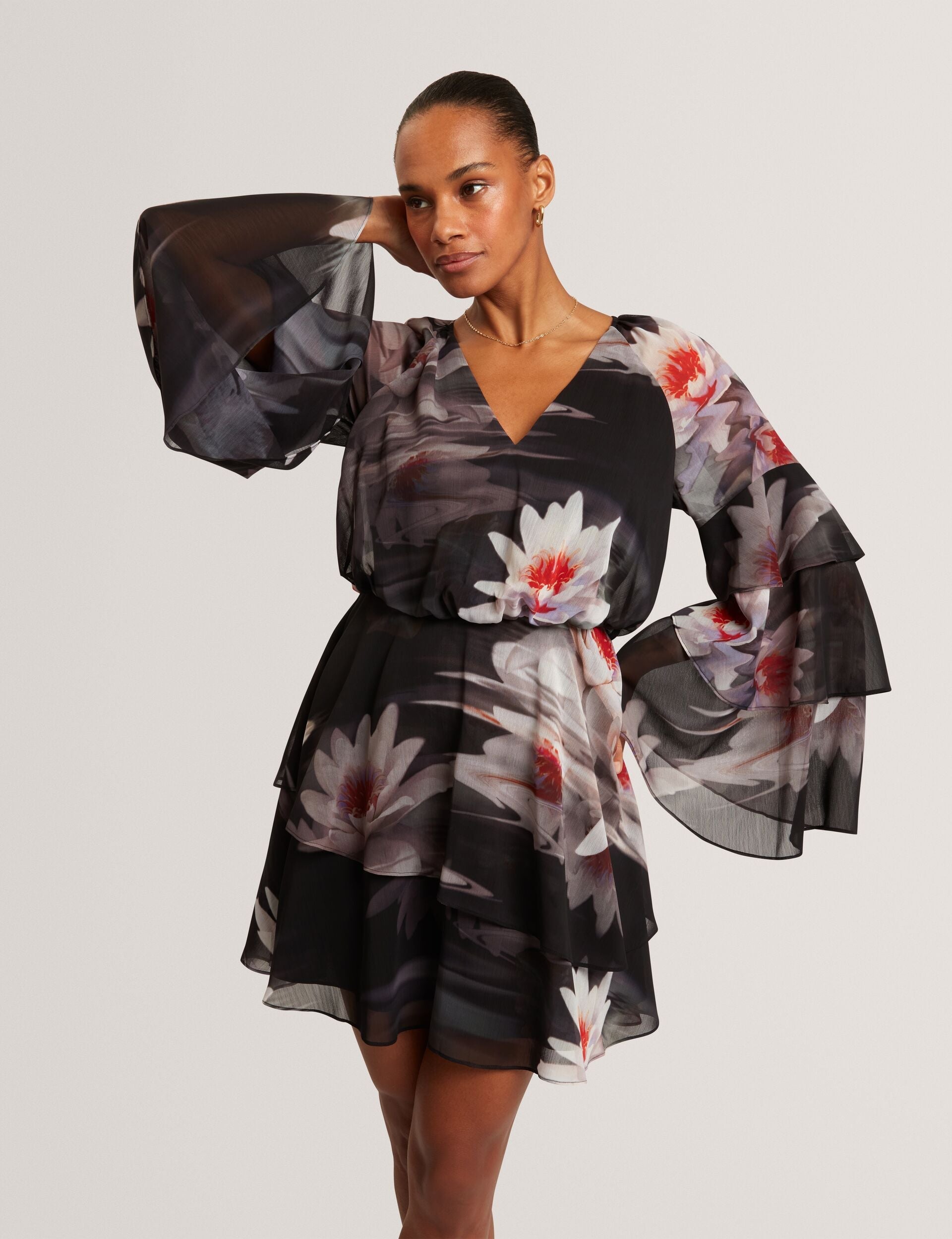 Ted Baker Nayvie Lily Print Frilled Long Sleeve Mini Dress Women's