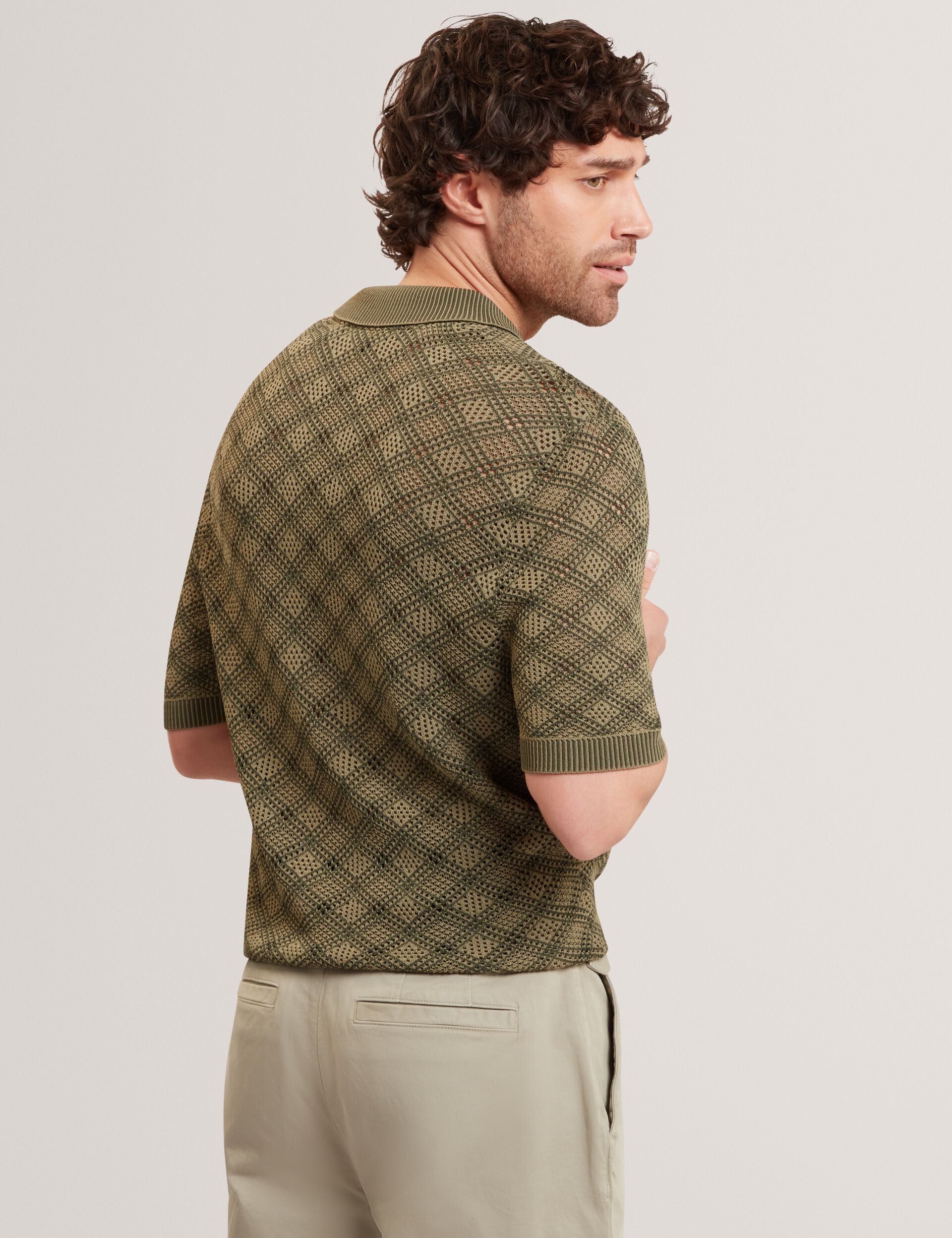 Ted Baker Helme Geometric Open Knit Short Sleeve Polo