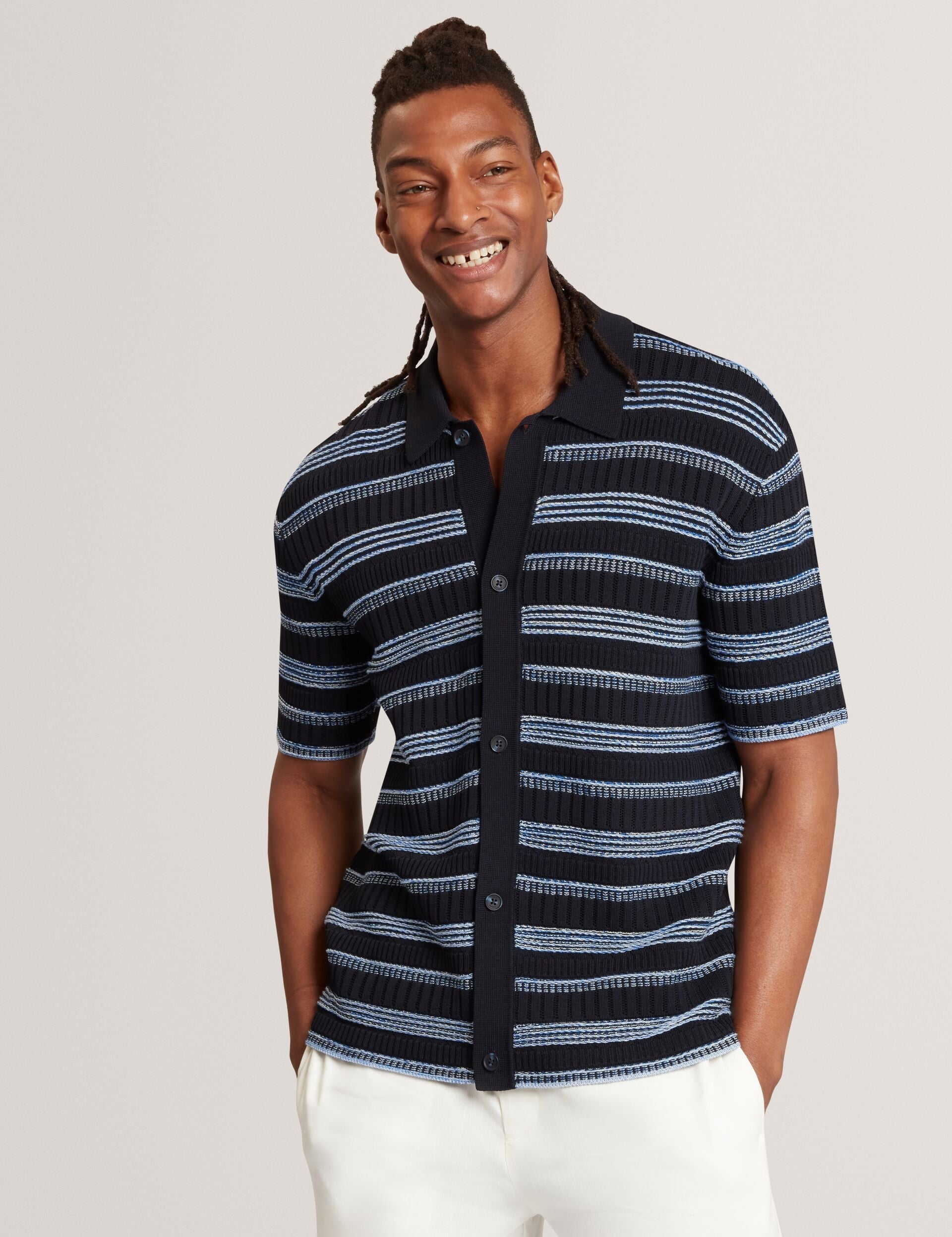 Ted Baker Florem Stitched Stripe Knit Short Sleeve Shirt