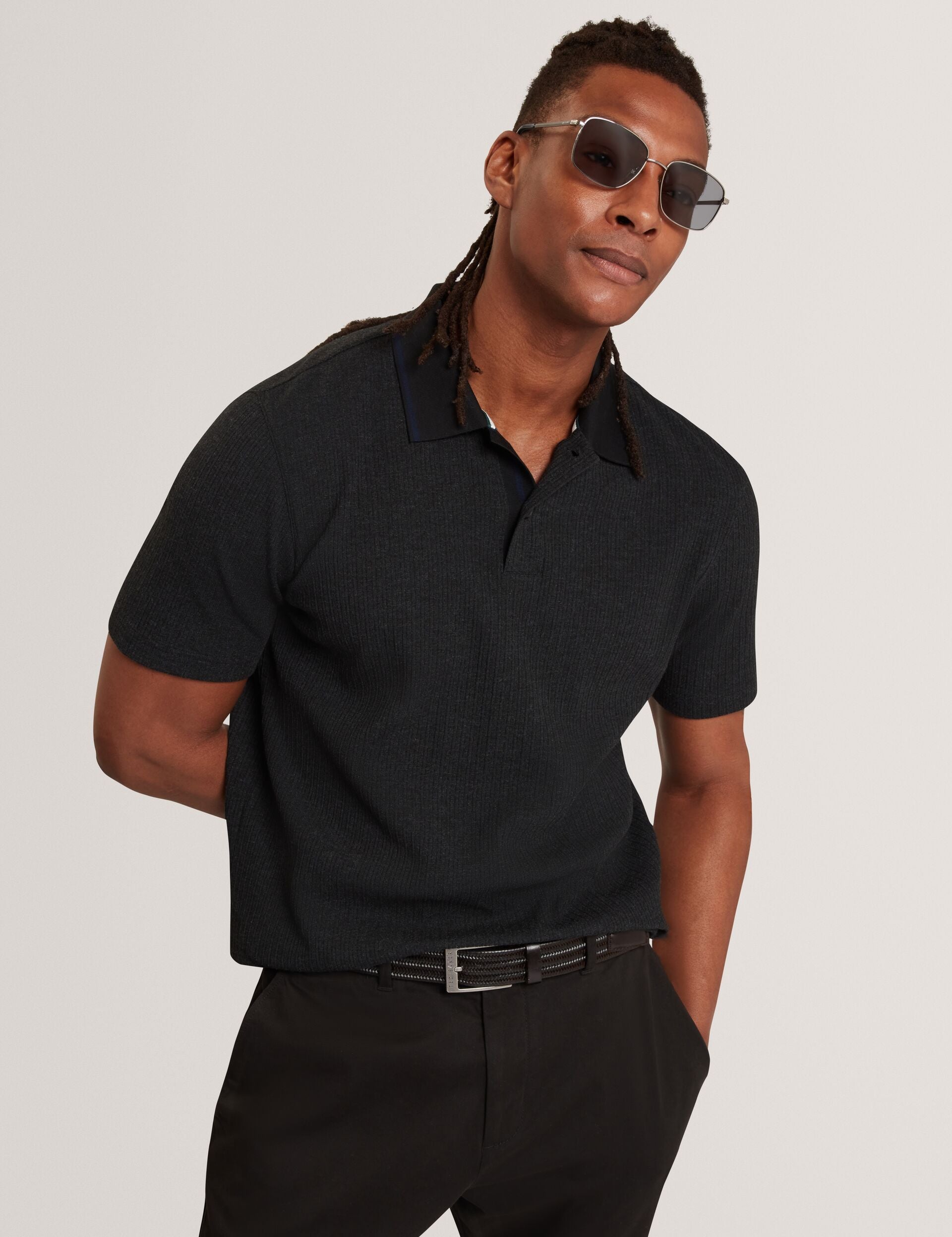 Ted Baker Hammon Stitched Rib Cotton Blend Short Sleeve Polo
