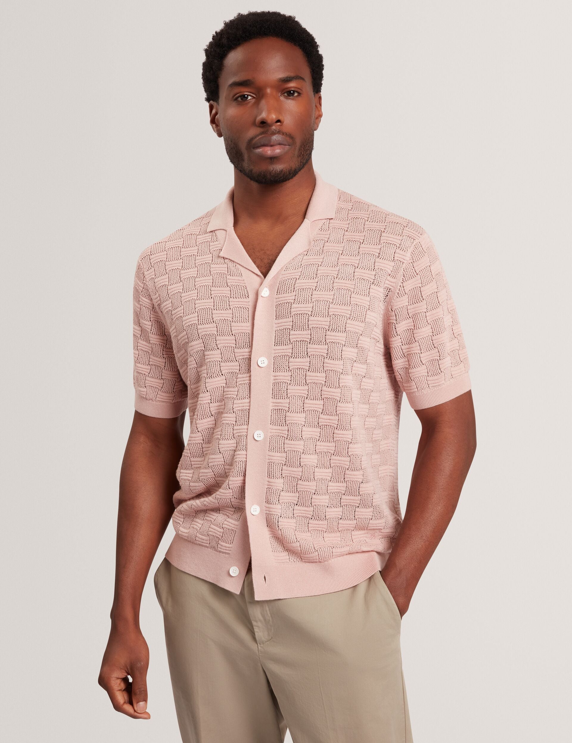 Ted Baker Rowwann Basket Knit Silk Blend Short Sleeve Shirt