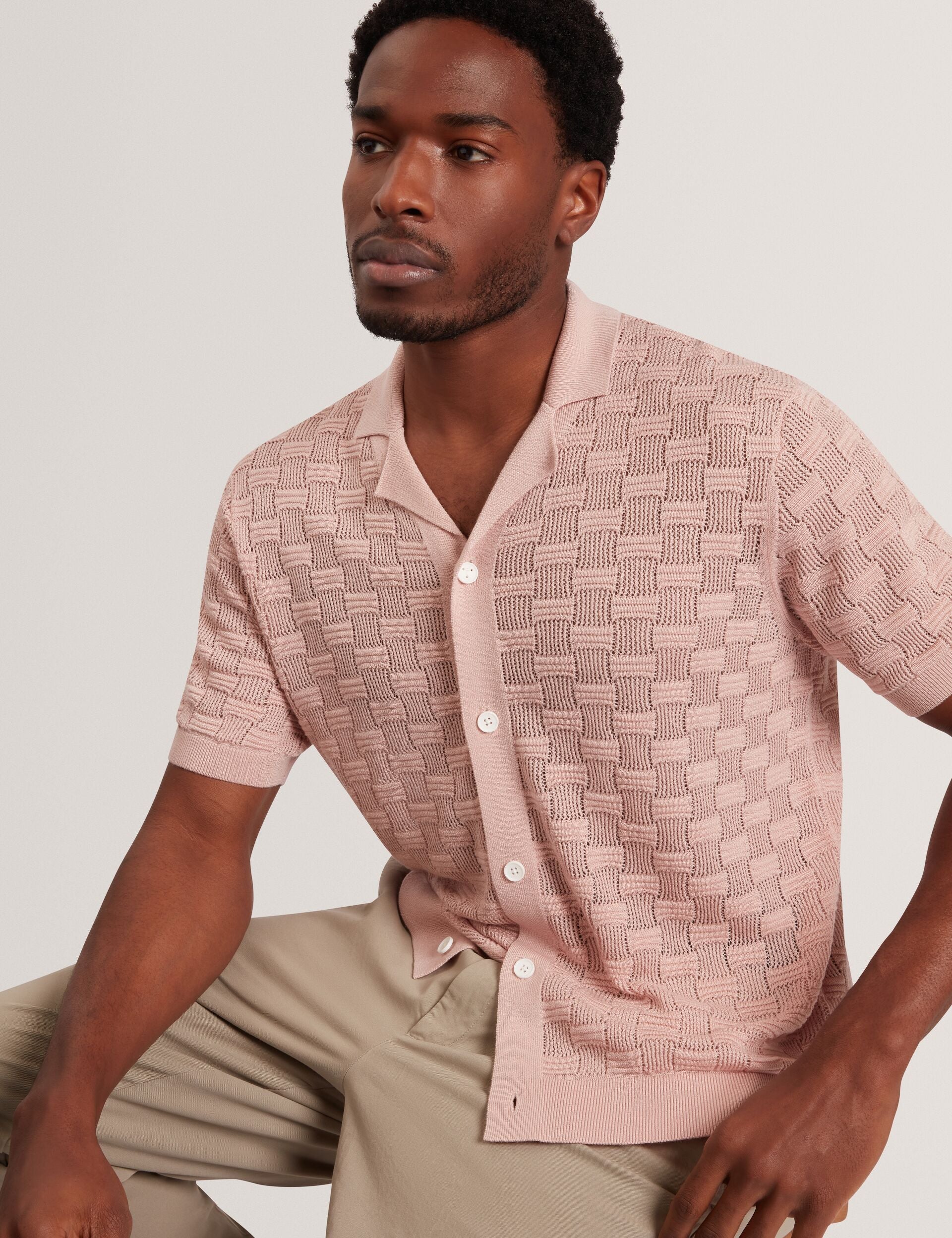 Ted Baker Rowwann Basket Knit Silk Blend Short Sleeve Shirt