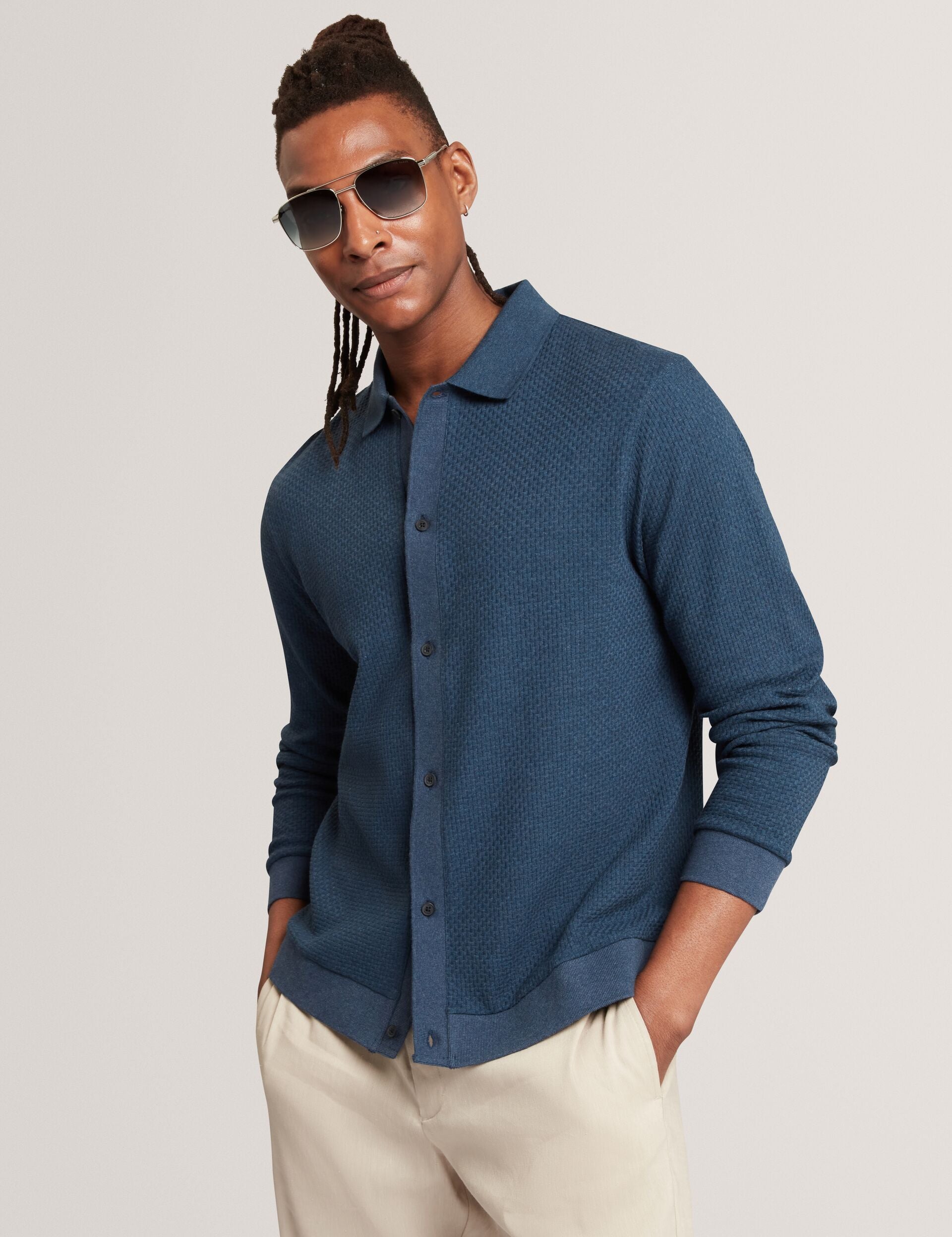 Ted Baker Wilkes Long Sleeve Textured Buttonthrough Polo