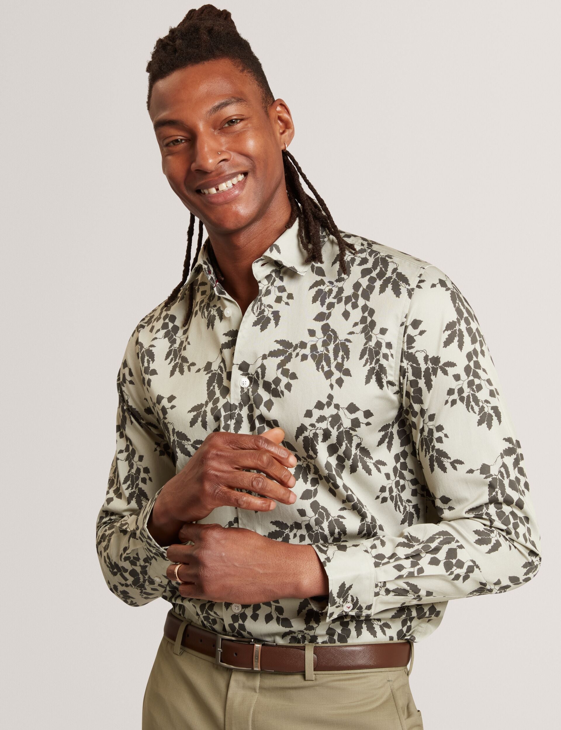 Ted Baker Dornan Foliage Print Cotton Long Sleeve Shirt