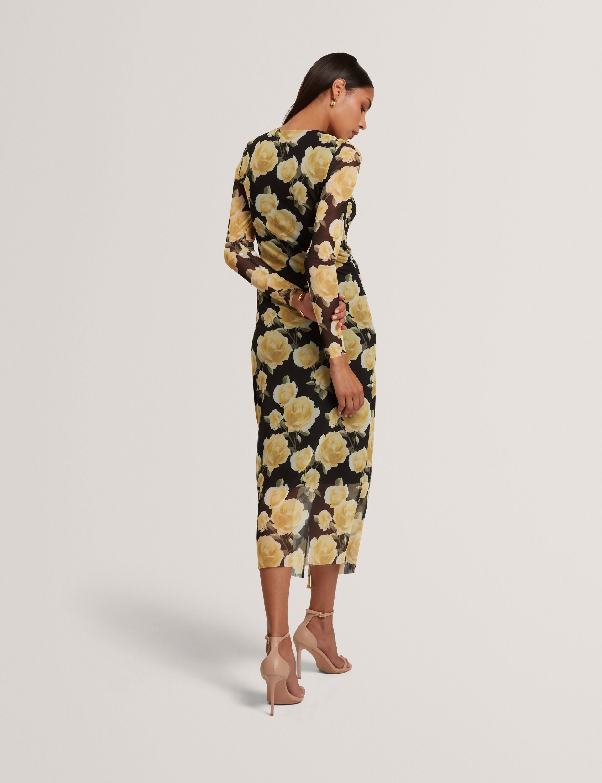 Ted Baker Elvyn Rose Print Mesh Long Sleeve Bodycon Midi Dress Women's
