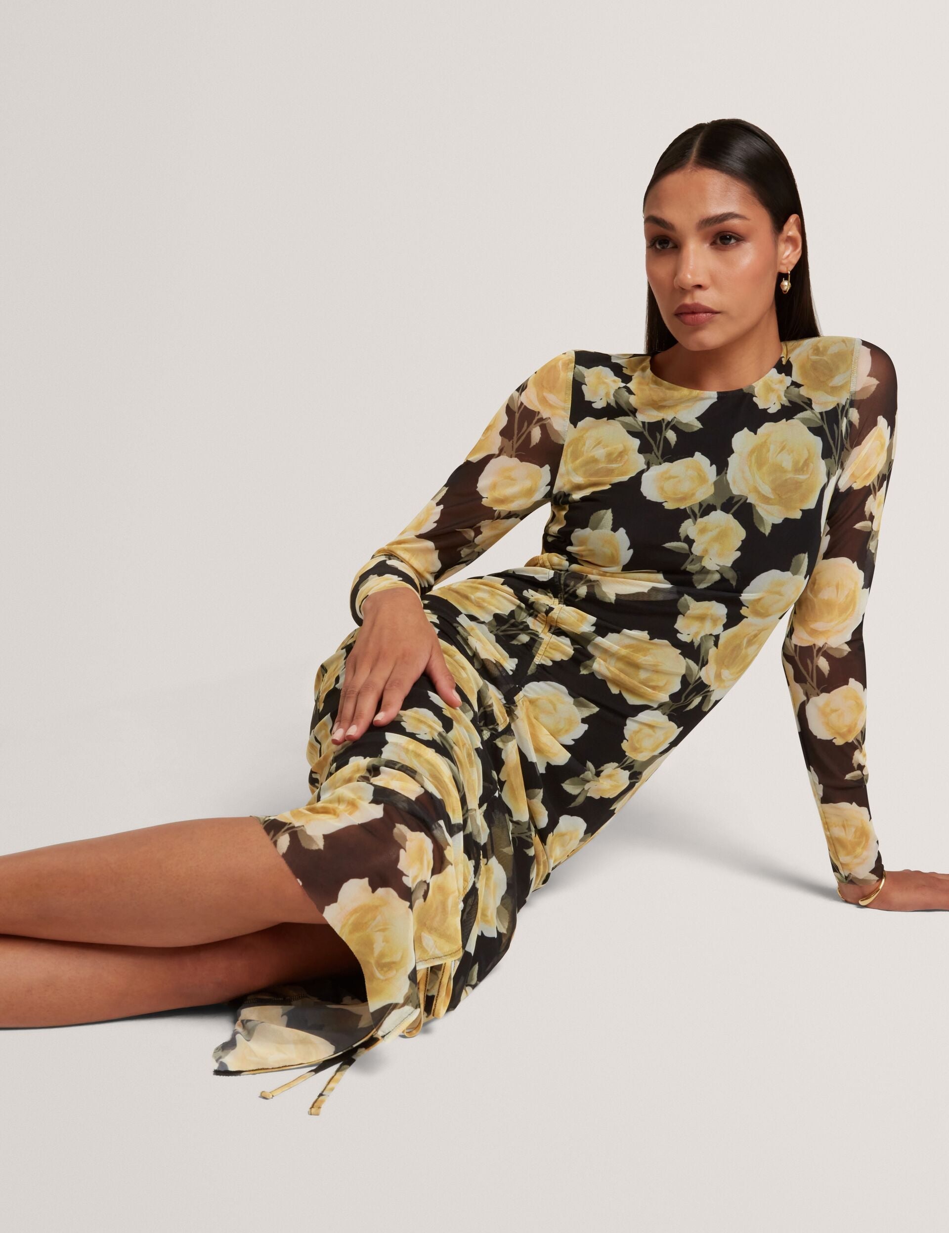 Ted Baker Elvyn Rose Print Mesh Long Sleeve Bodycon Midi Dress Women's
