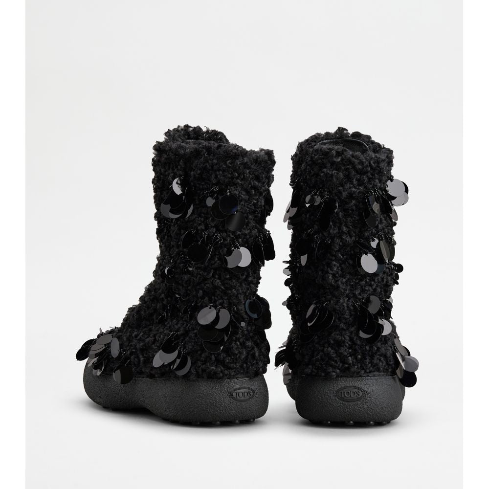 Tods W. G. Lace-Up Ankle Boots In Faux Fur Black Womens