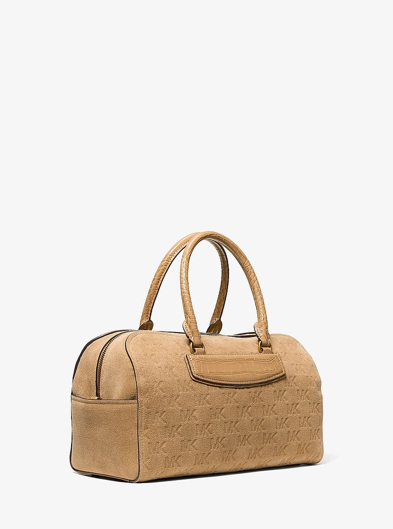 Michael Kors Jet Set Travel Medium Logo Embossed Suede Duffel Crossbody Bag BURNT KHAKI