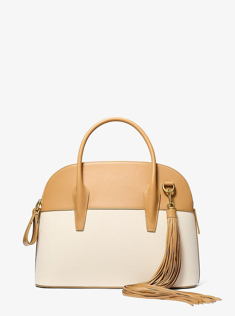 Michael Kors Kaitlin Large Canvas and Leather Satchel CASHEW/ECRU