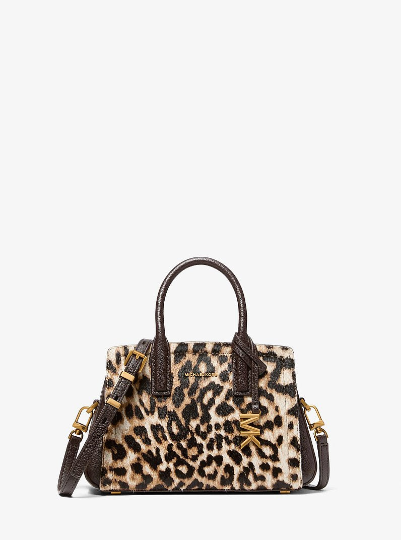 Michael Kors Laila Small Leopard Print Calf Hair Satchel BURNT KHAKI