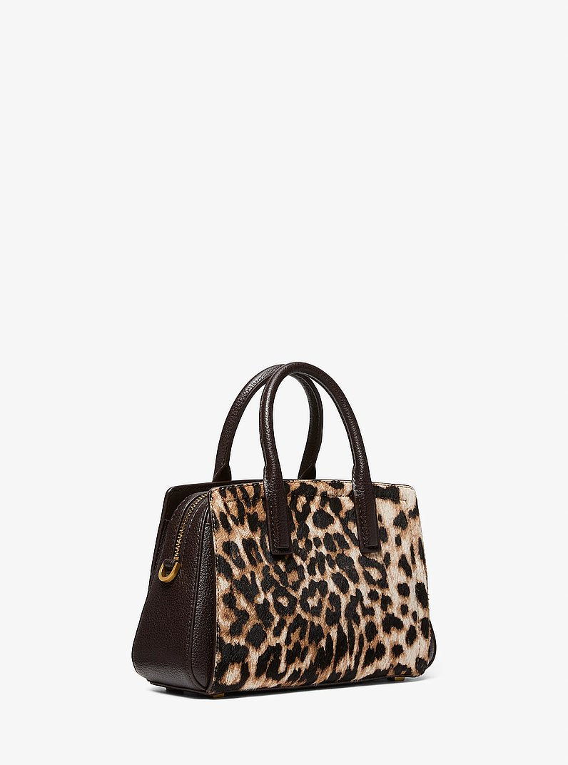 Michael Kors Laila Small Leopard Print Calf Hair Satchel BURNT KHAKI