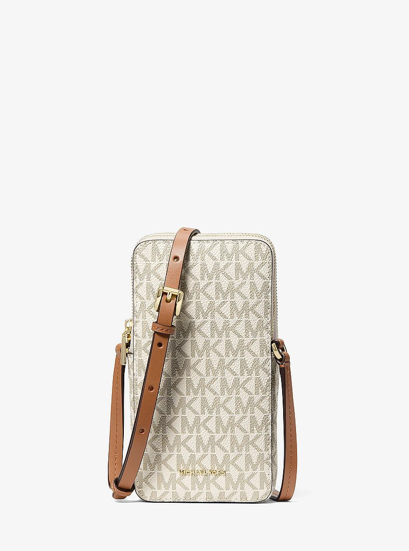 Michael Kors Jet Set Small Signature Logo Smartphone Crossbody Bag VANILLA/ACORN