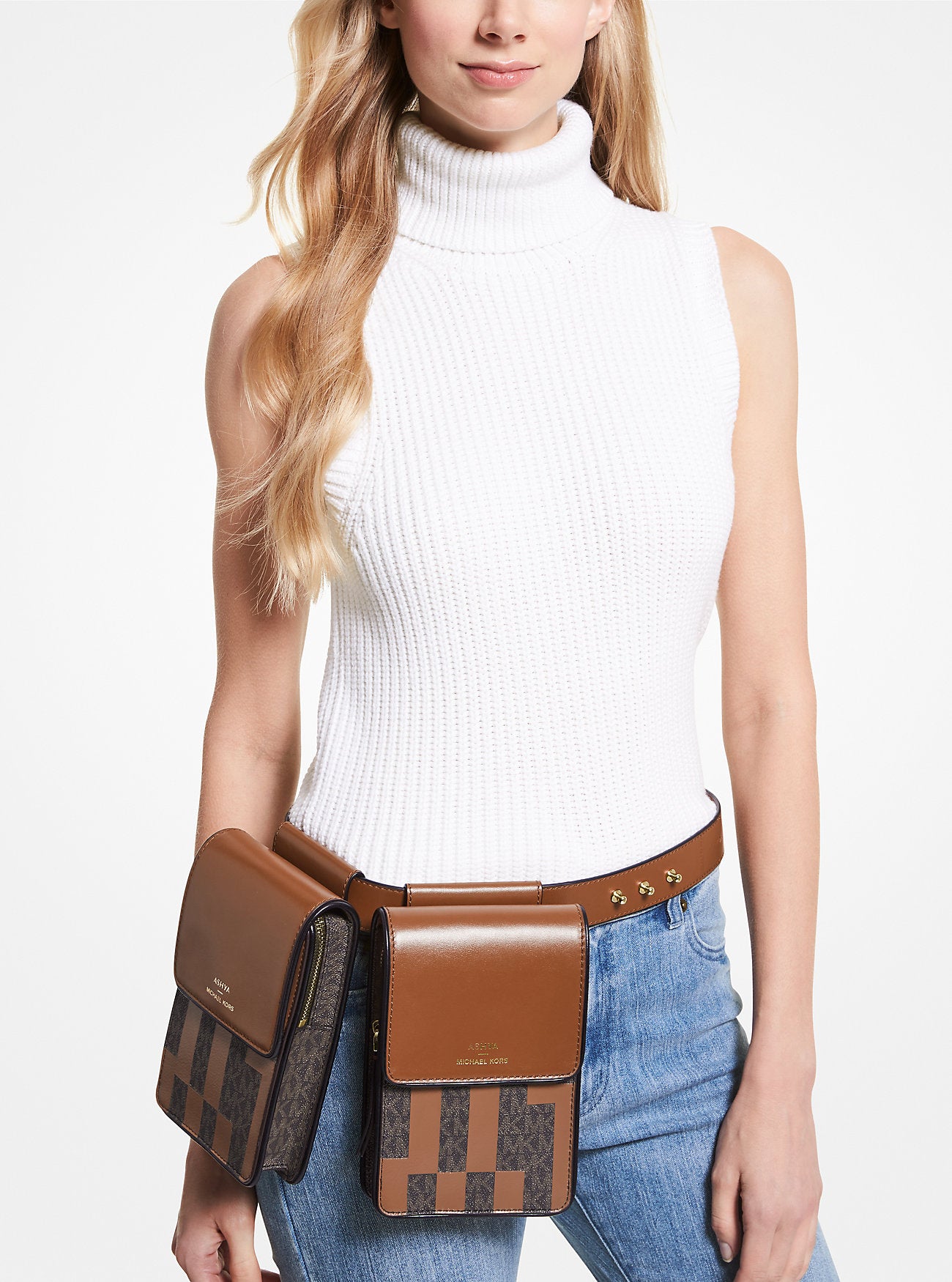 ASHYA X MICHAEL KORS Saga Signature And Leather Multi Bag Brown Multi Brown Multi