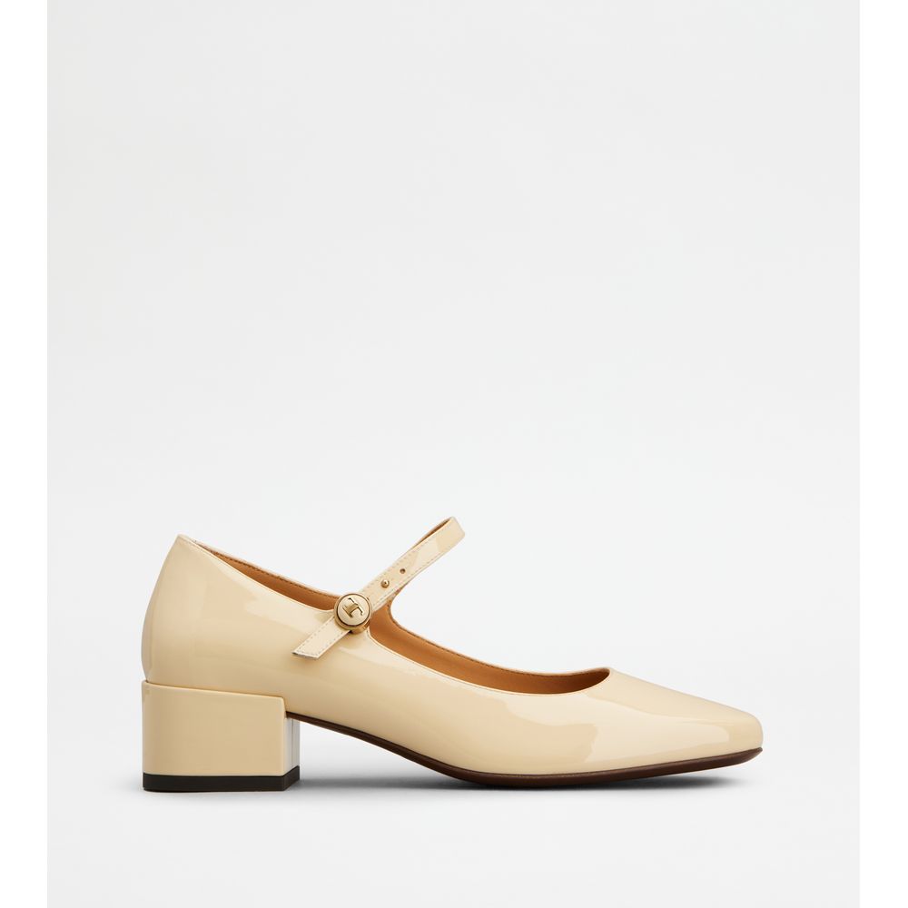 Tods Mary Jane Pumps In Patent Leather Off White Womens