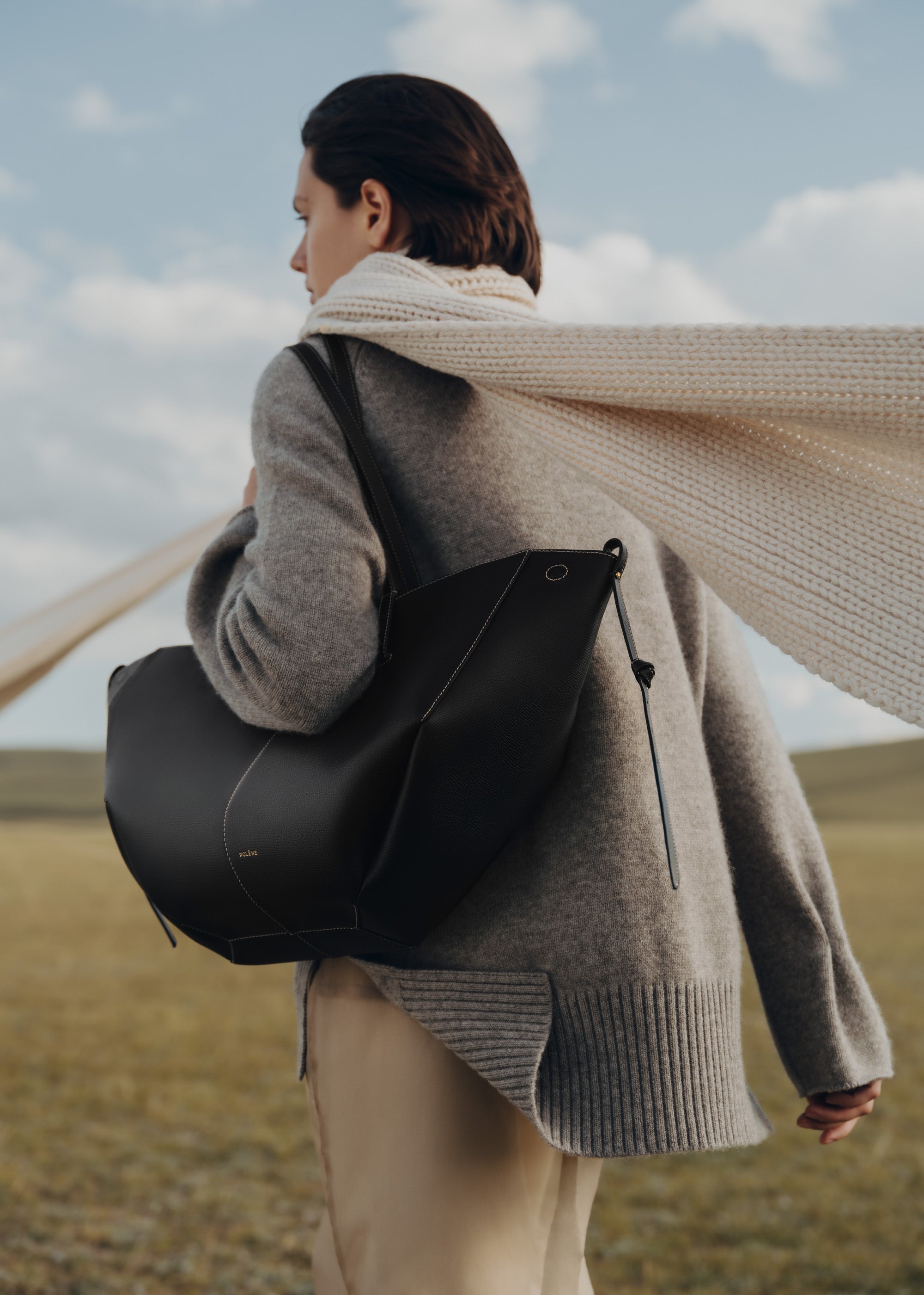 Polene Cyme Textured Black with Ecru Stitching