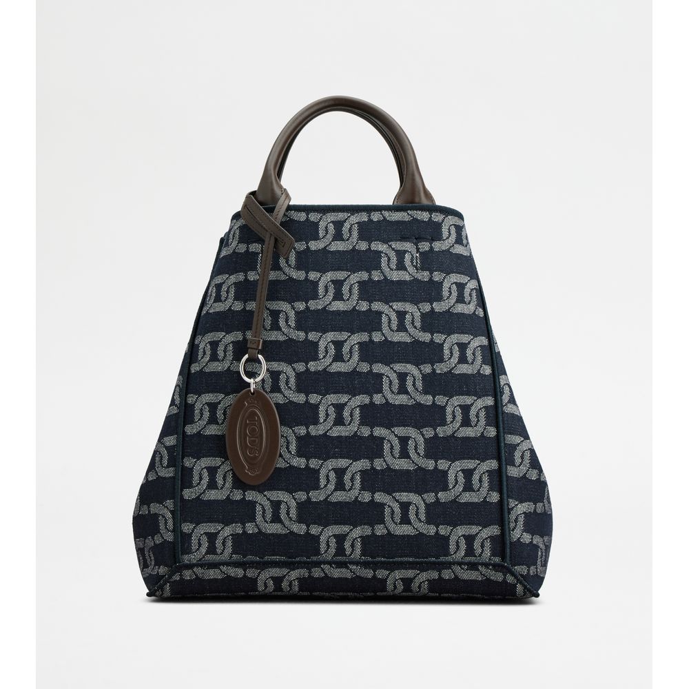 Tods Double Up Shopping Bag In Denim And Leather Medium Blue Brown