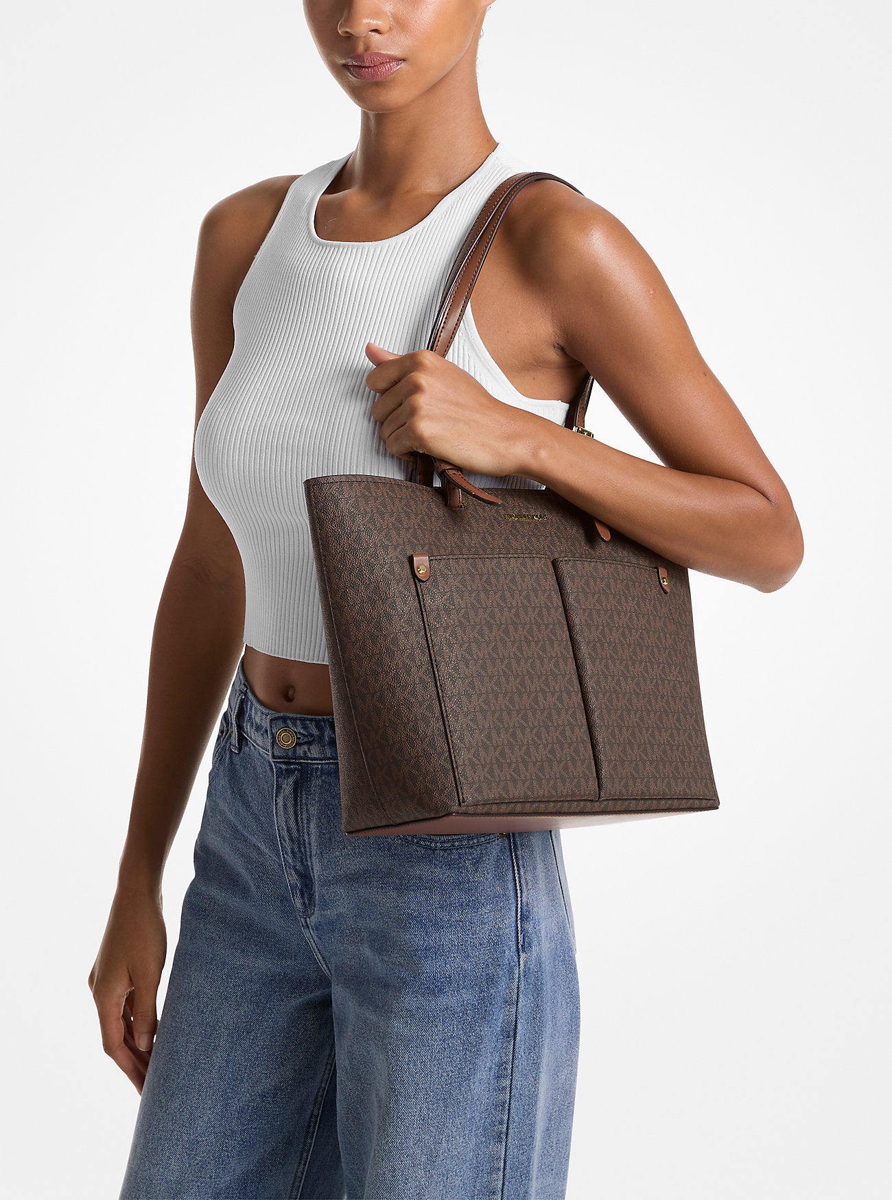 Jet Set Medium Logo Pocket Tote Bag Brown Brown