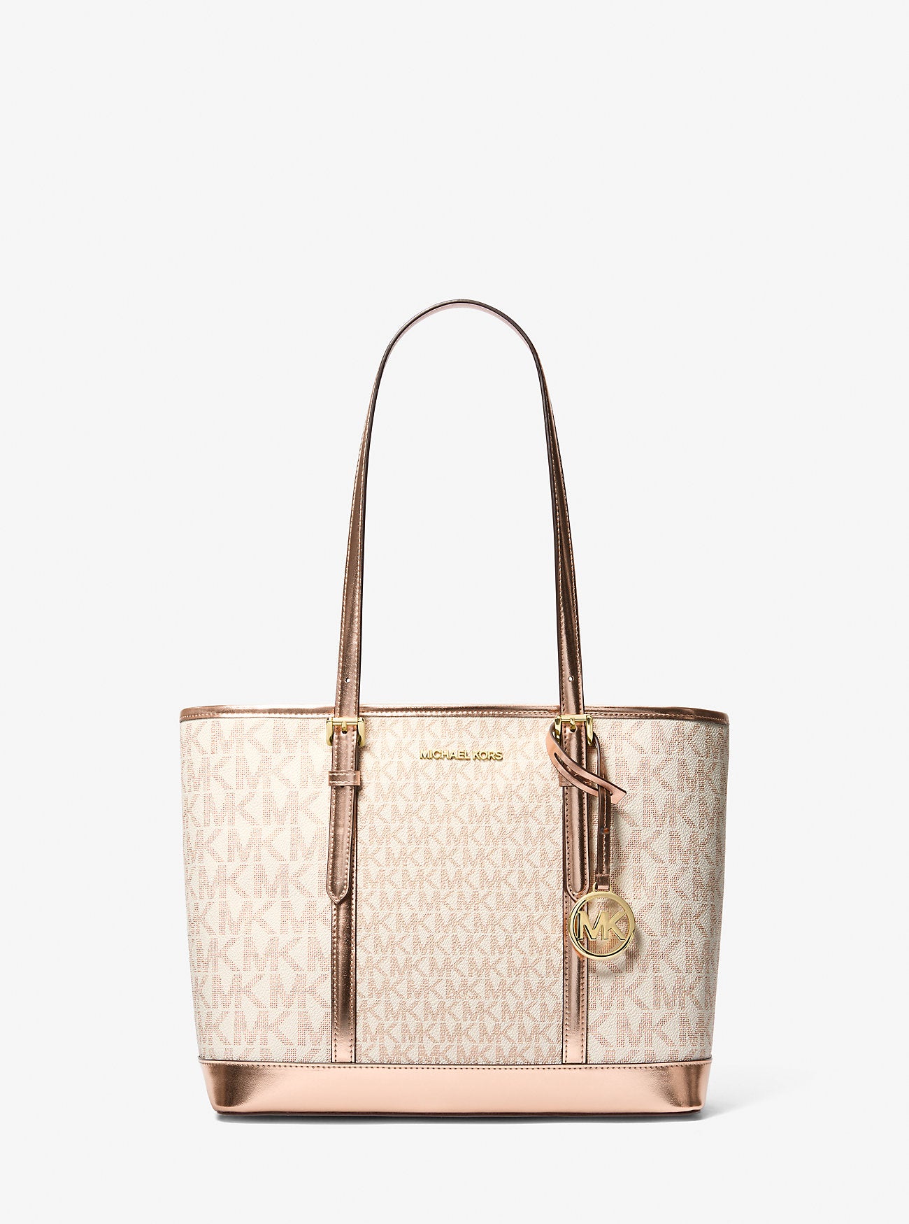 Michael Kors Jet Set Travel Small Metallic Logo Top-Zip Tote Bag Rose Gold  Rose Gold