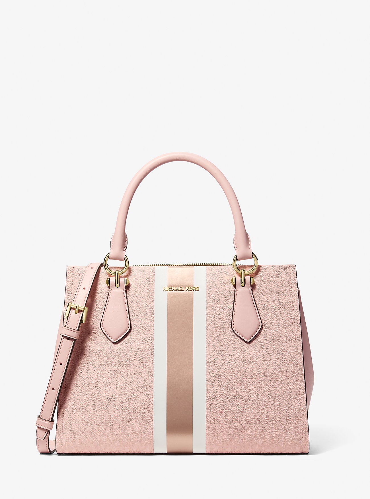 Marilyn Medium Signature Logo Stripe Satchel Powder Blush Powder Blush