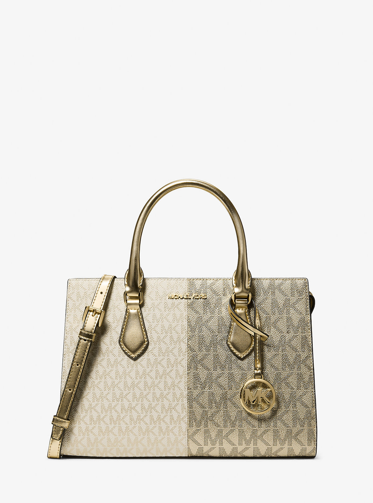Sheila Medium Two-Tone Metallic Signature Logo Satchel Pale Gold Pale Gold