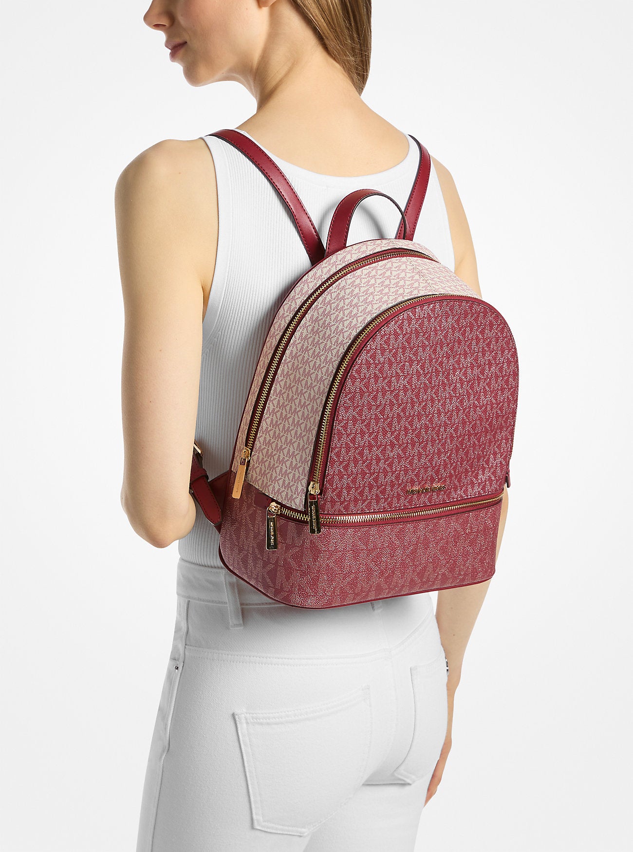 Rhea Medium Metallic Signature Logo Backpack Cherry Cherry
