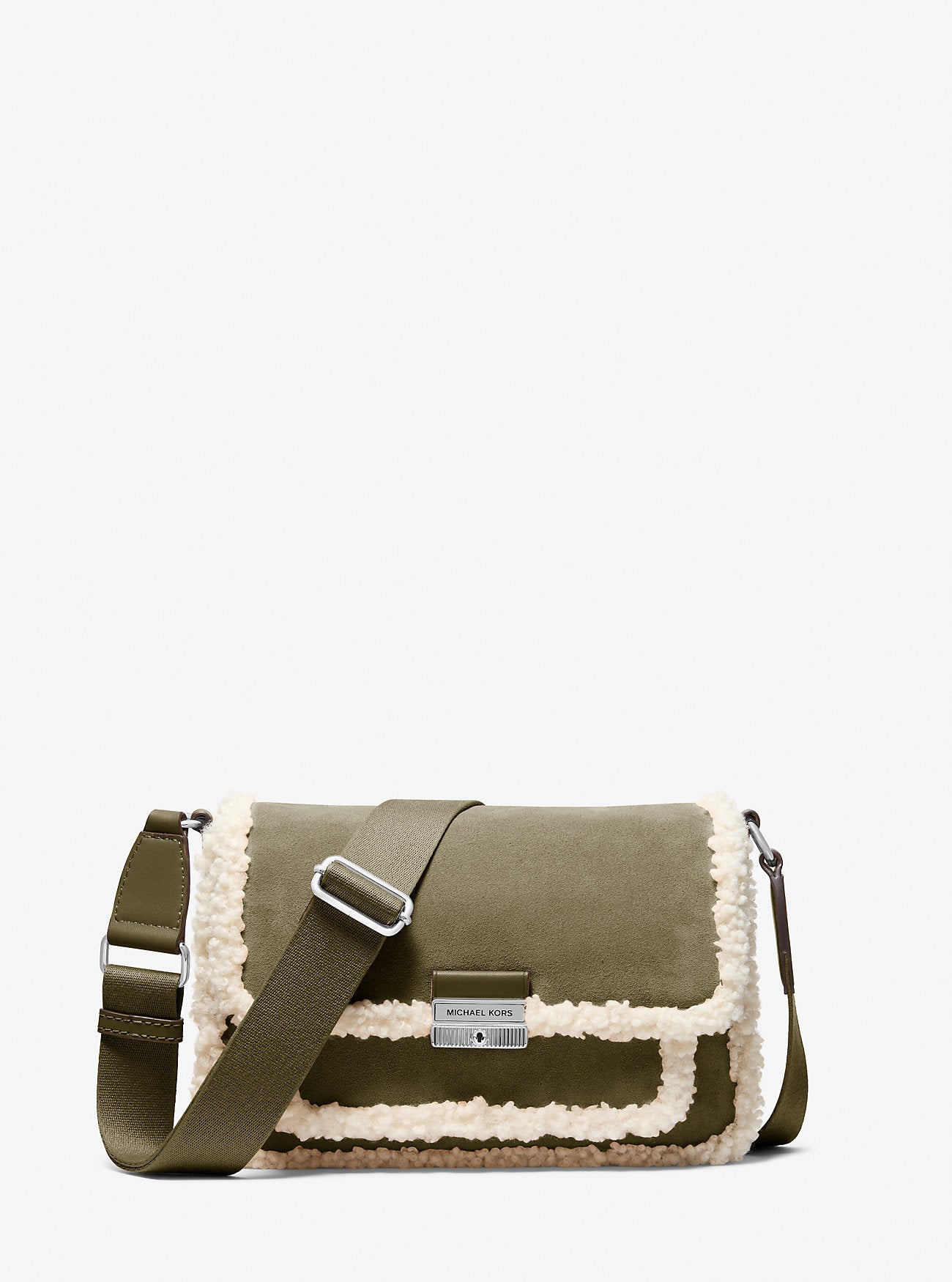 Bradshaw Medium Suede and Faux Shearling Messenger Bag Olive Olive