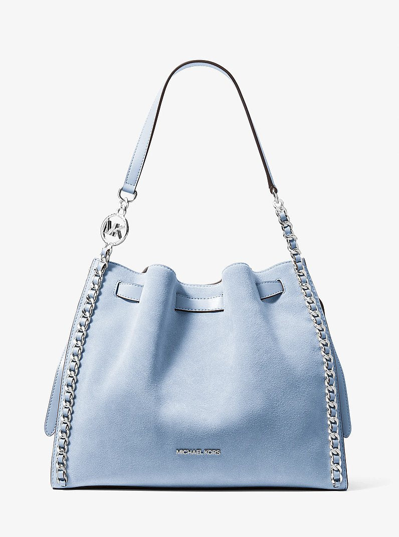 Mina Large Suede Chain Shoulder Bag Pale Ocean Pale Ocean