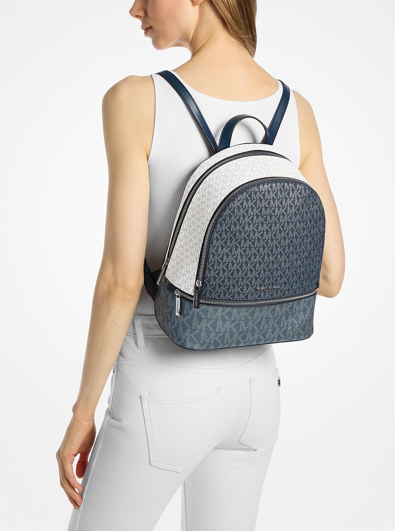 Rhea Medium Metallic Signature Logo Backpack Navy Navy