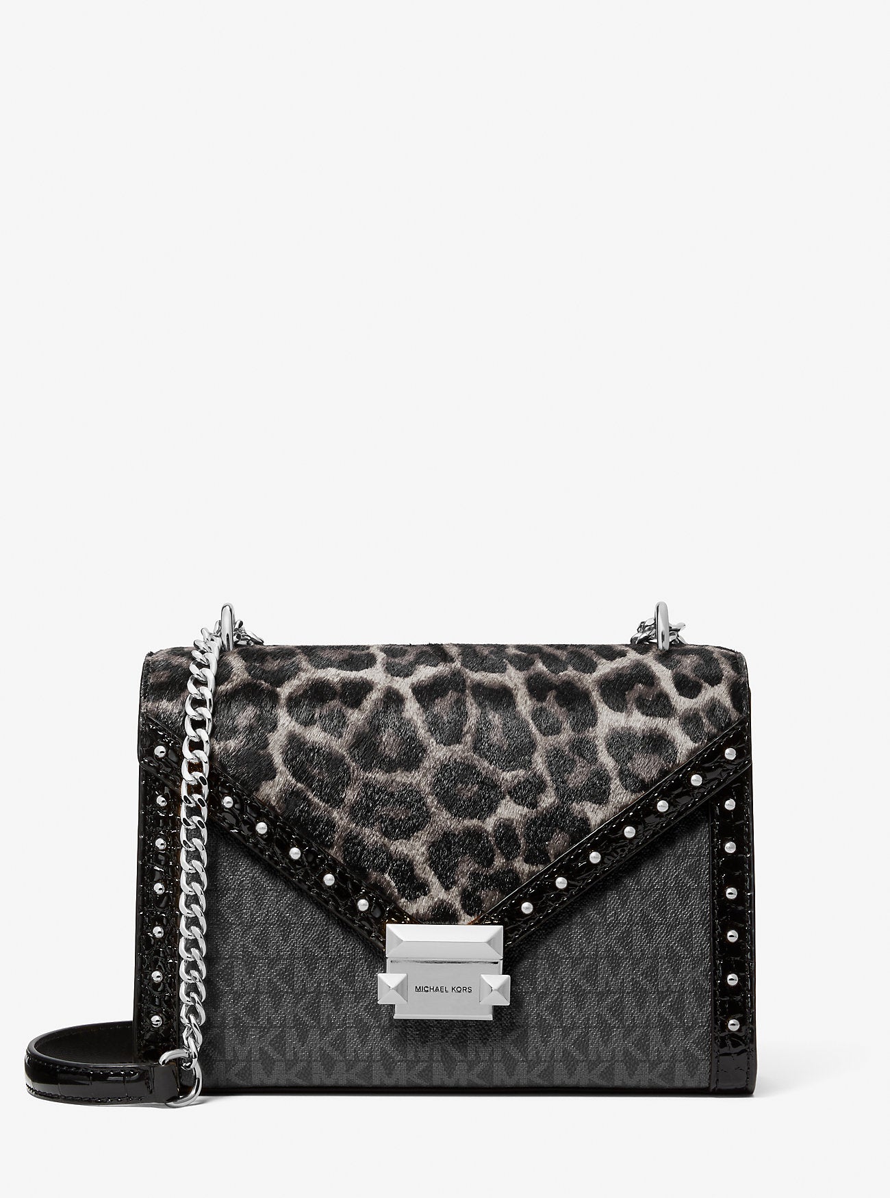 Whitney Medium Signature Logo and Leopard Print Calf Hair Shoulder Bag Black Black