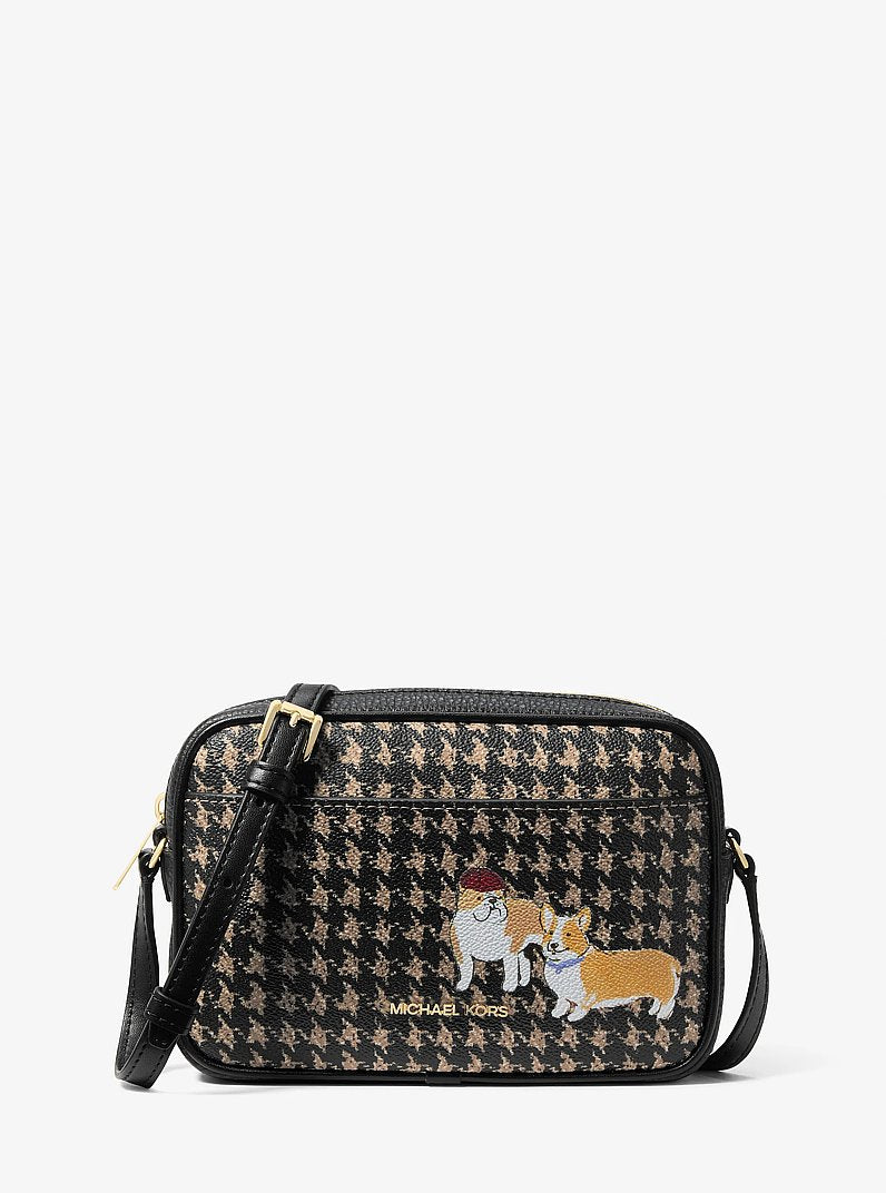 Jet Set Travel Small Houndstooth Print Camera Crossbody Bag Black-Camel Black-Camel