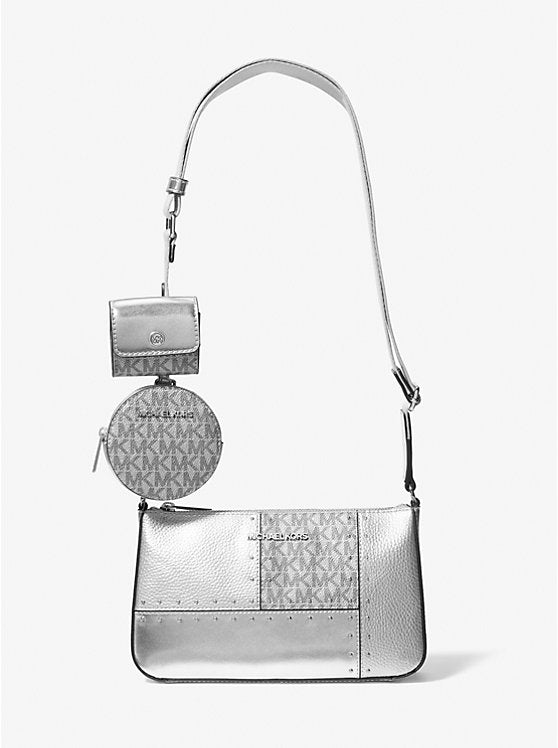Micheal Kors Jet Set Travel Small Metallic Patchwork and Signature Logo Crossbody Bag Silver