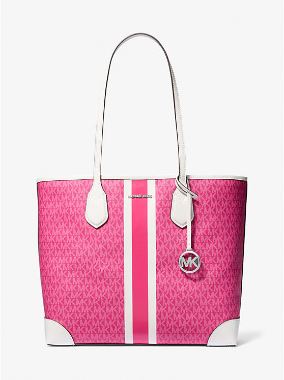 Micheal Kors Eva Large Signature Logo Stripe Tote Bag Dragonfruit