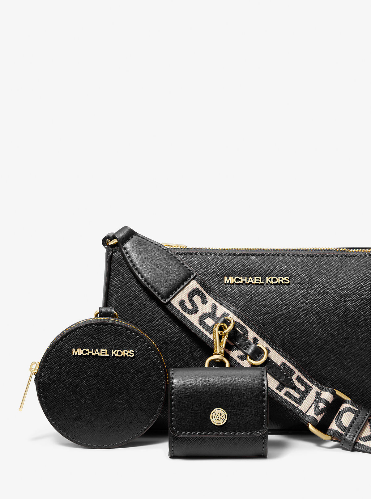 Jet Set Saffiano Leather Crossbody Bag with Case for Apple Airpods Pro Black Black
