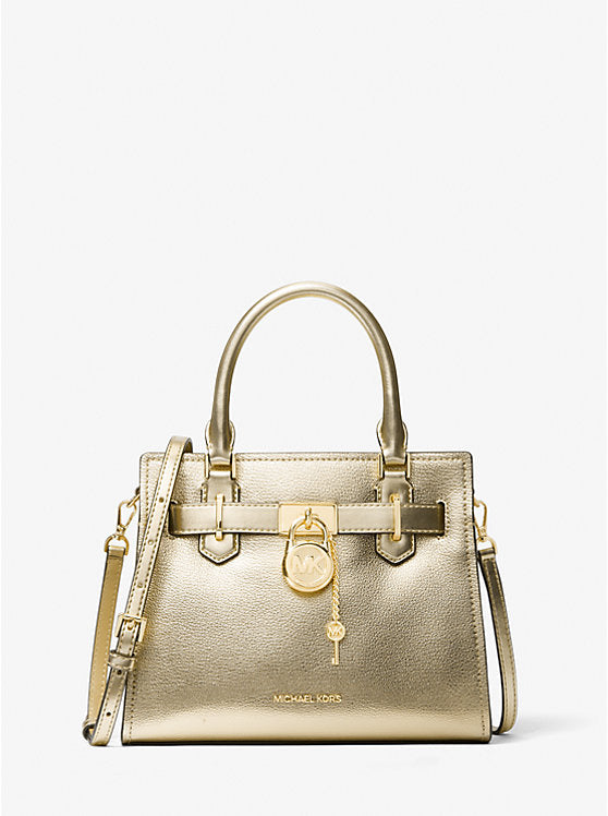 Micheal Kors Hamilton Small Metallic Leather Satchel Pale Gold
