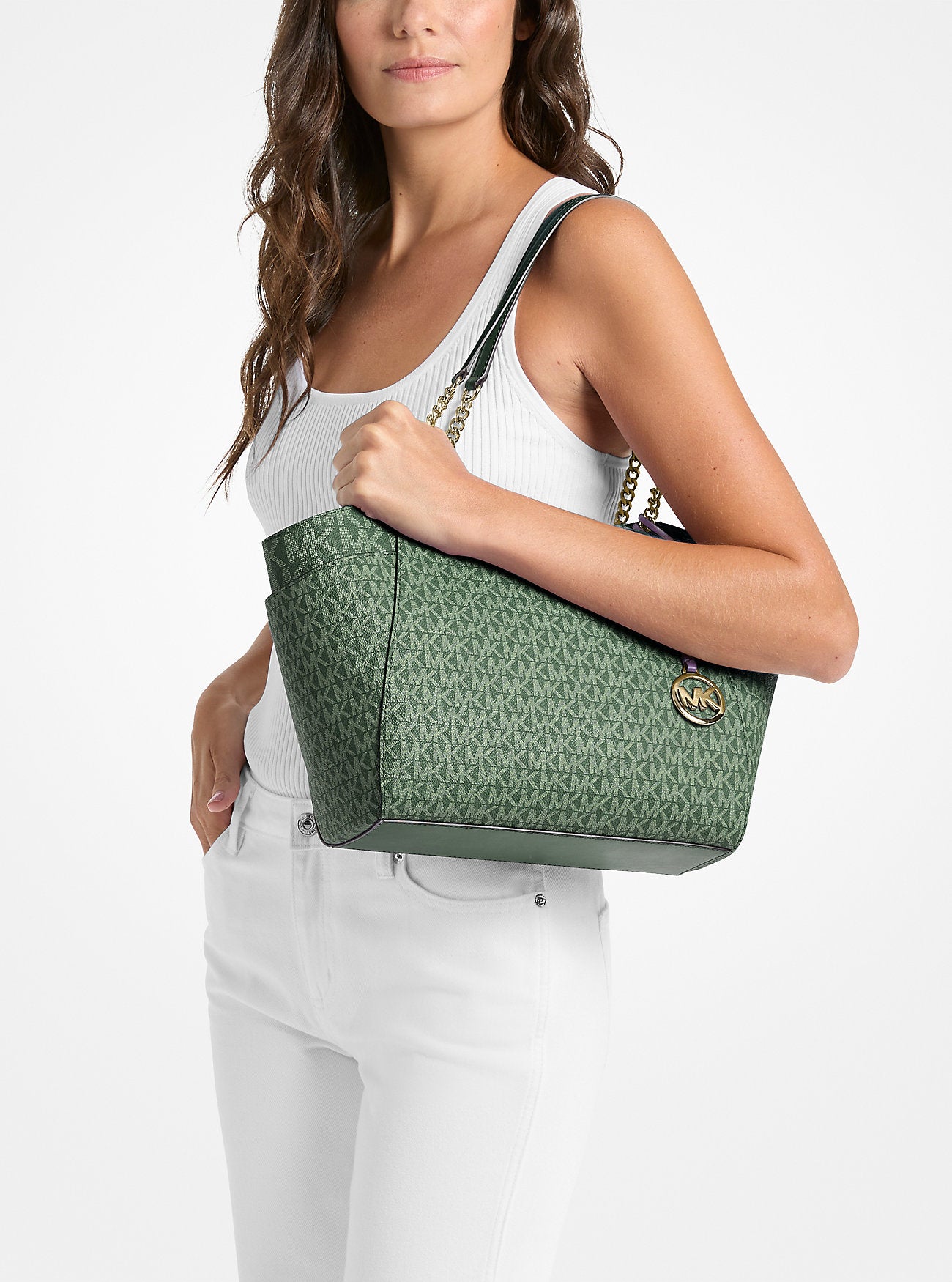 Jet Set Large Signature Logo Shoulder Bag Moss Moss