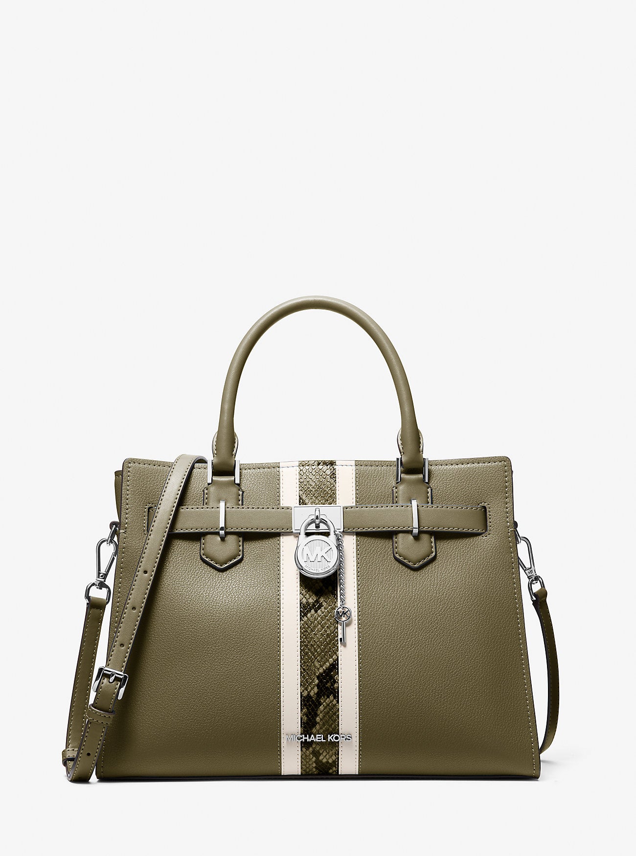 Hamilton Medium Leather and Snake Embossed Stripe Satchel Olive Olive