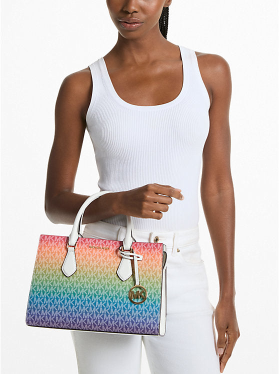 Sheila Medium Rainbow Signature Logo Satchel Rainbow