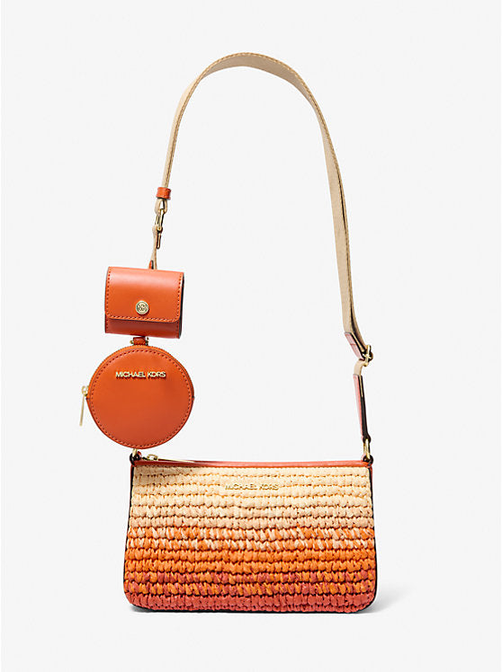 Micheal Kors Jet Set Small Ombr Straw Crossbody Bag with Case for Apple Airpods Pro Red Clay