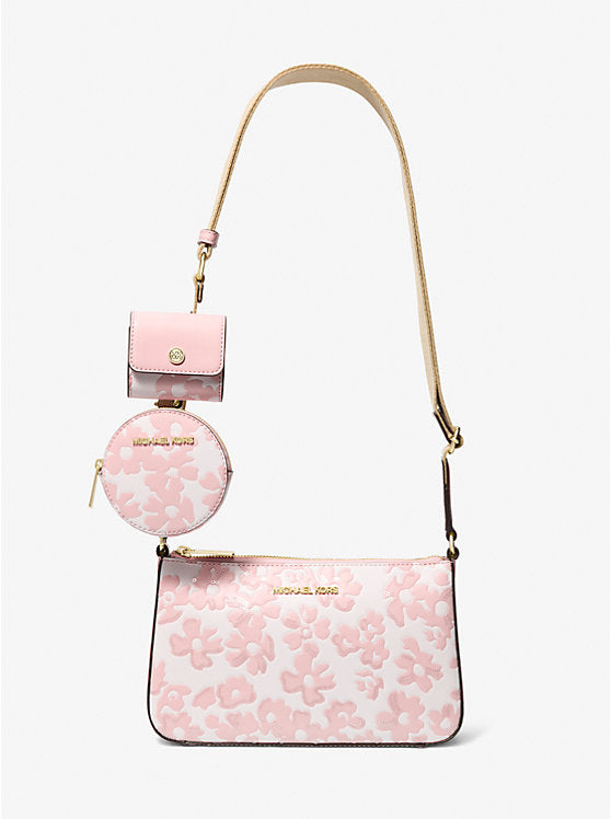 Micheal Kors Jet Set Small Sequined Floral Print Crossbody Bag with Case for Apple Airpods Pro Powder Blush