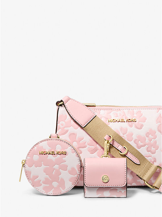 Jet Set Small Sequined Floral Print Crossbody Bag with Case for Apple Airpods Pro Powder Blush