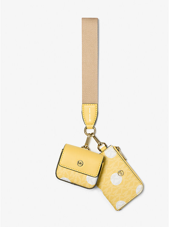 Micheal Kors Jet Set Polka Dot Signature Logo Dual Pouch Wristlet Daisy Yellow