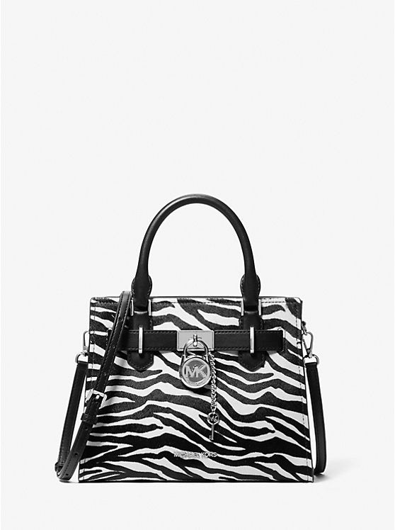 Micheal Kors Hamilton Small Zebra Print Calf Hair Satchel Black