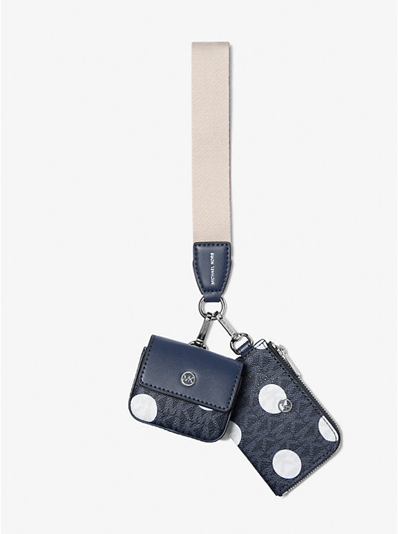 Micheal Kors Jet Set Polka Dot Signature Logo Dual Pouch Wristlet Navy