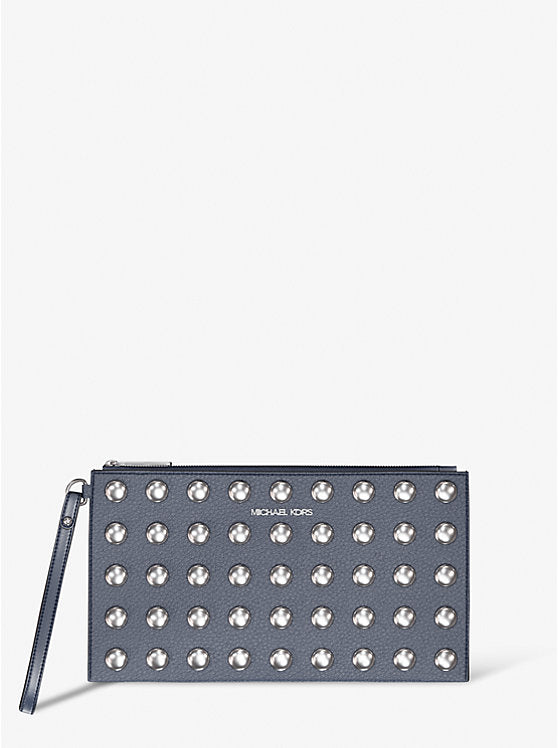 Micheal Kors Jet Set Large Studded Pebbled Leather Wristlet Navy