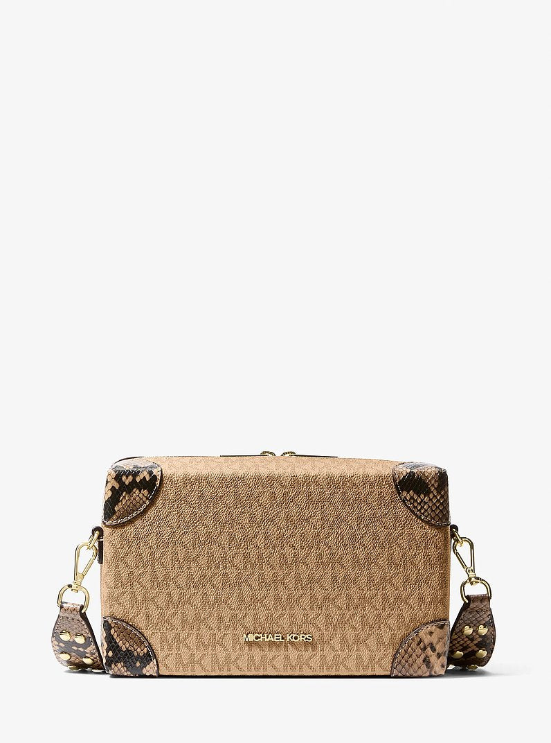 Jeanie Small Signature Logo and Snake Embossed Crossbody Bag Camel Camel