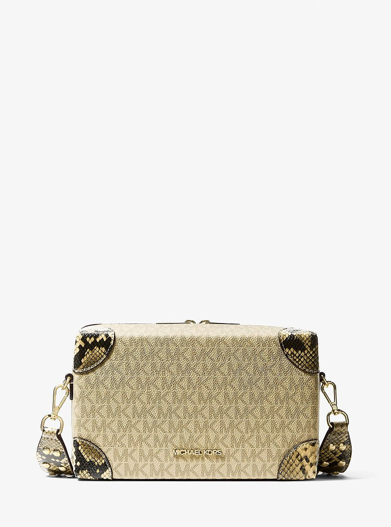 Jeanie Small Metallic Signature Logo and Snake Embossed Trunk Crossbody Bag Pale Gold Pale Gold