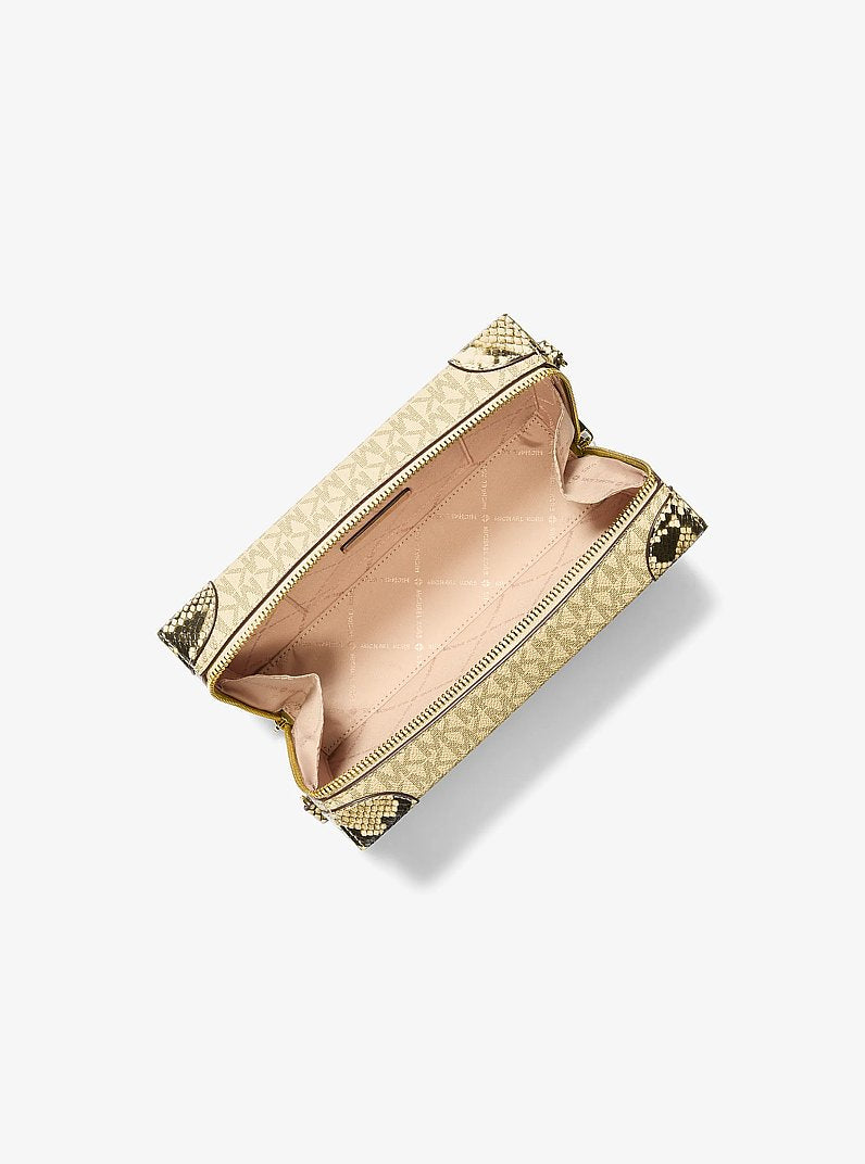 Jeanie Small Metallic Signature Logo and Snake Embossed Trunk Crossbody Bag Pale Gold Pale Gold