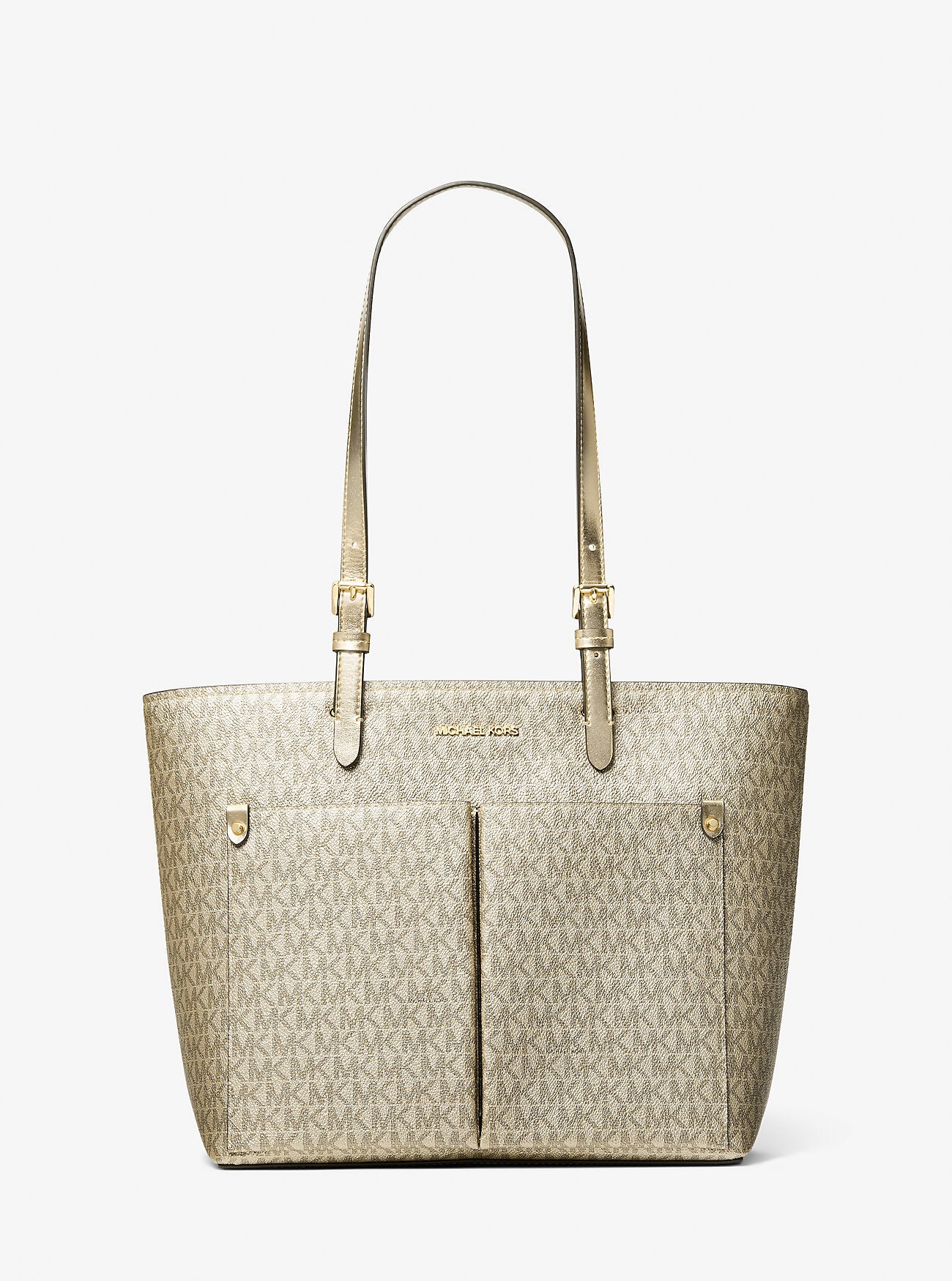 Jet Set Medium Metallic Signature Logo Pocket Tote Bag Pale Gold Pale Gold